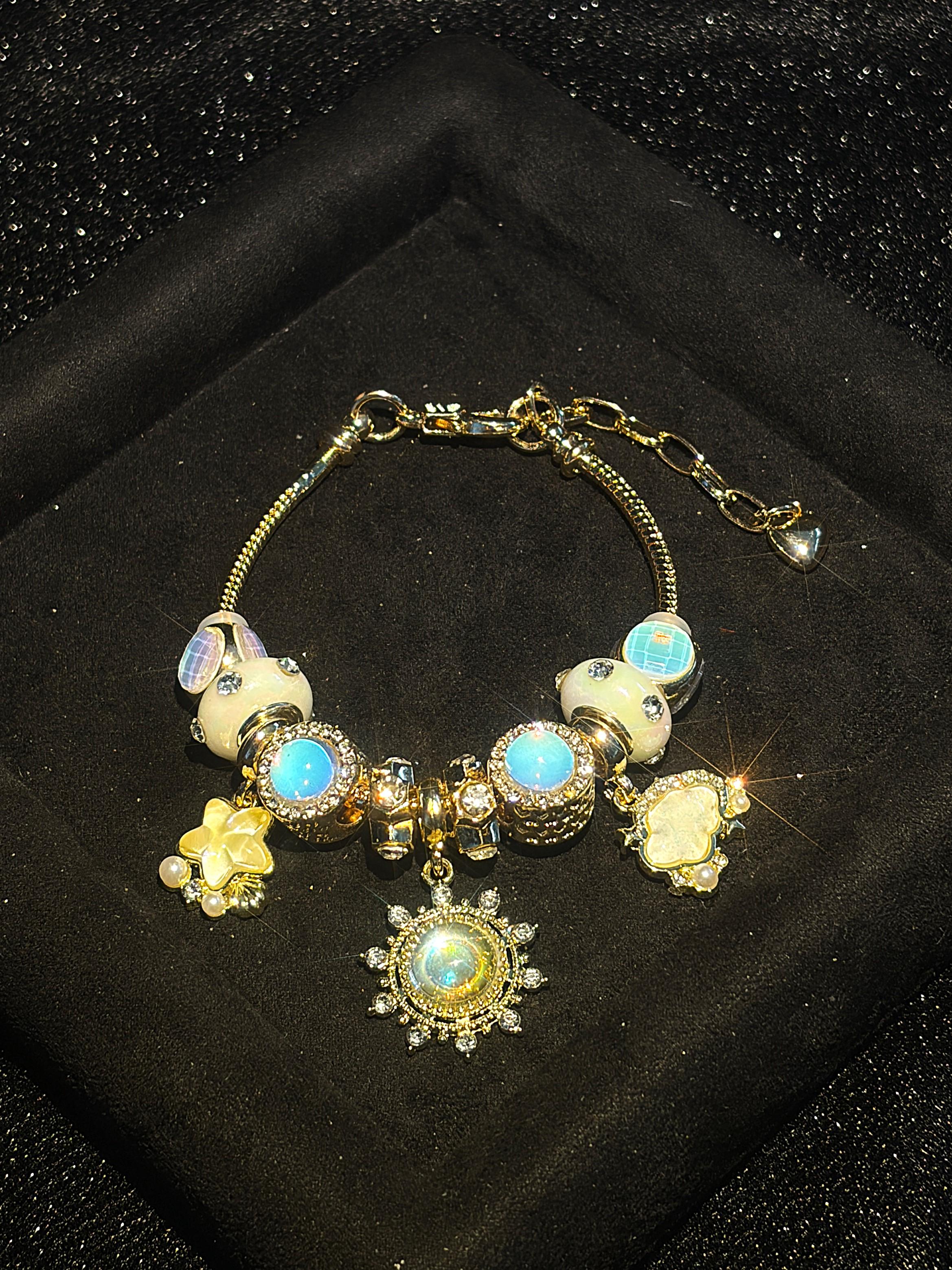 Women's Gold-Tone Beaded Bracelet with Dreamy Moonlight Sun Charm, Iridescent Glass Beads and Star Cloud Dangle Charm