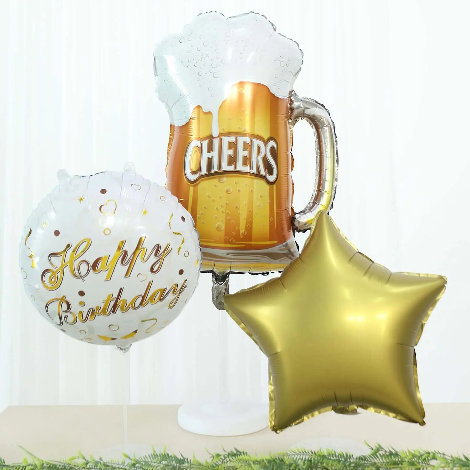 Set of 5 White/Gold Round Happy Birthday Mylar Foil Helium Balloon Set, Cheers Beer Mug, Star Balloon Bouquet With Ribbon Birthday Party Decorations, Balloon Decor, Helium Floats