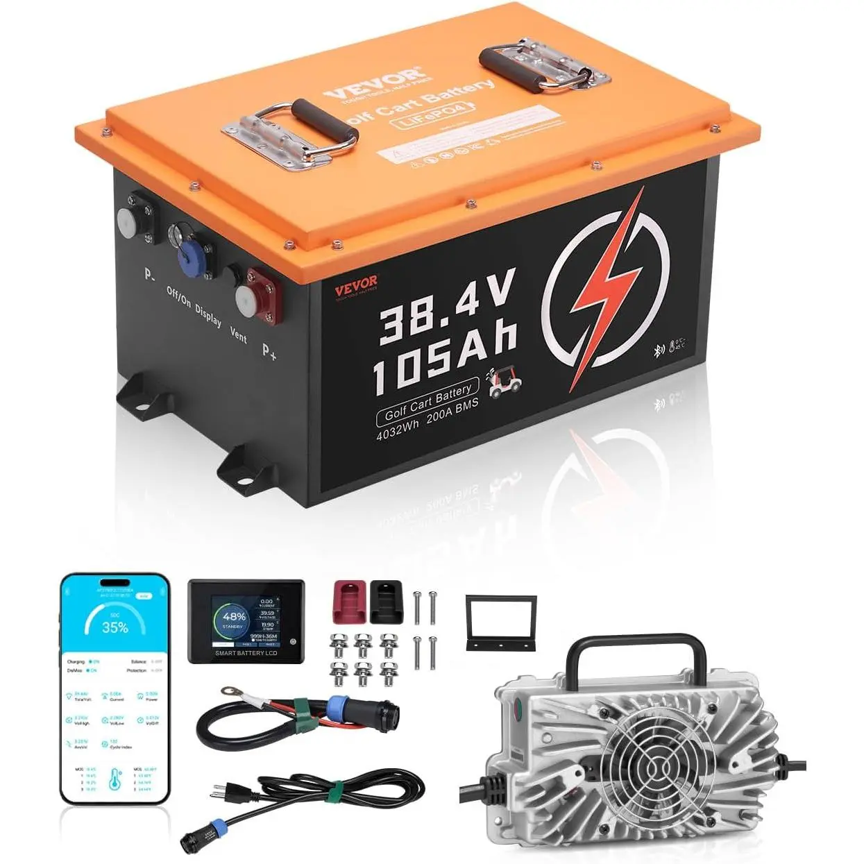 VEVOR 36V/48V 105Ah Golf Cart Lithium Battery, 36/48 Volt Golf Cart Battery with 200A BMS, LCD or Touch Monitor and Mobile APP, LiFePO4 Battery with 600A Peak Current, 4000+ Cycles for Golf Carts