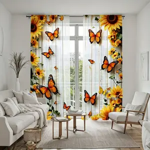 2Pcs Sunflowers & Butterflies Print Window Curtains, Artistic Modern Farmhouse Design, Easy Install Rod Pocket Sheer Drapes for Living Room Bedroom Study, Elegant Home Decor Style, Durable Coverings, Net Curtain Window.