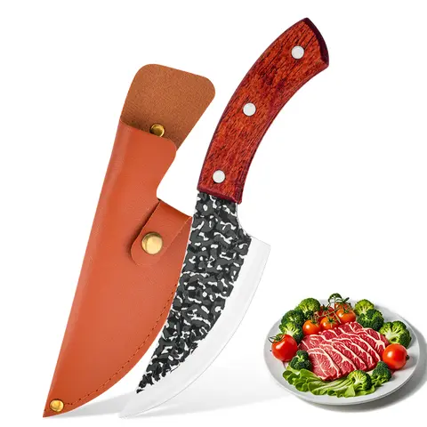 Durable 2pc Knives Kitchen Set, Outdoor Multi-Purpose Stainless Steel Kitchenware with Sheath - 1 Boning Tool, 1 Cutting Tool for BBQ, Patio Cooking (Wood Accent Included)