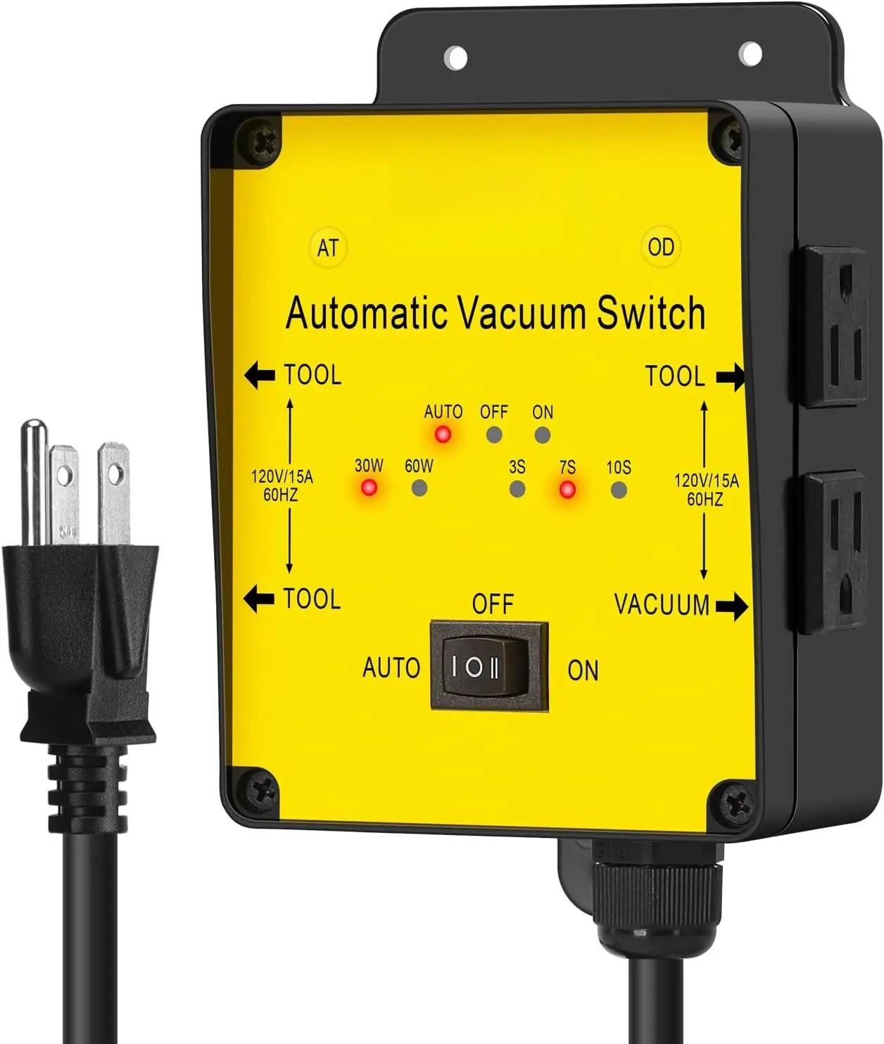 2025 Automatic Vacuum Control Switch - 120v 15a 50/60hz, 3 Tool Outlets, Dust Control Autoswitch, Delay On/Off to Prevent Circuit Overload & Tripping, Adjustable Actuation Threshold, PC+ABS V0 Grade Flame Retardant for Large Shop Saws, Ul-Certified