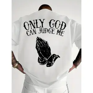 Men'S "Only God Can Judge Me" Graphic T-Shirt - Casual Crew Neck, Loose Fit Short Sleeve Top, Beige with Praying Hands Design, Cotton & Polyester Fabric