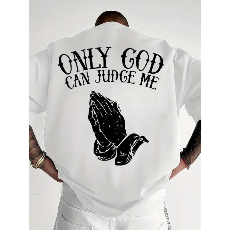Men'S "Only God Can Judge Me" Graphic T-Shirt - Casual Crew Neck, Loose Fit Short Sleeve Top, Beige with Praying Hands Design, Cotton & Polyester Fabric
