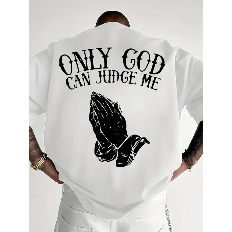 Men'S "Only God Can Judge Me" Graphic T-Shirt - Casual Crew Neck, Loose Fit Short Sleeve Top, Beige with Praying Hands Design, Cotton & Polyester Fabric