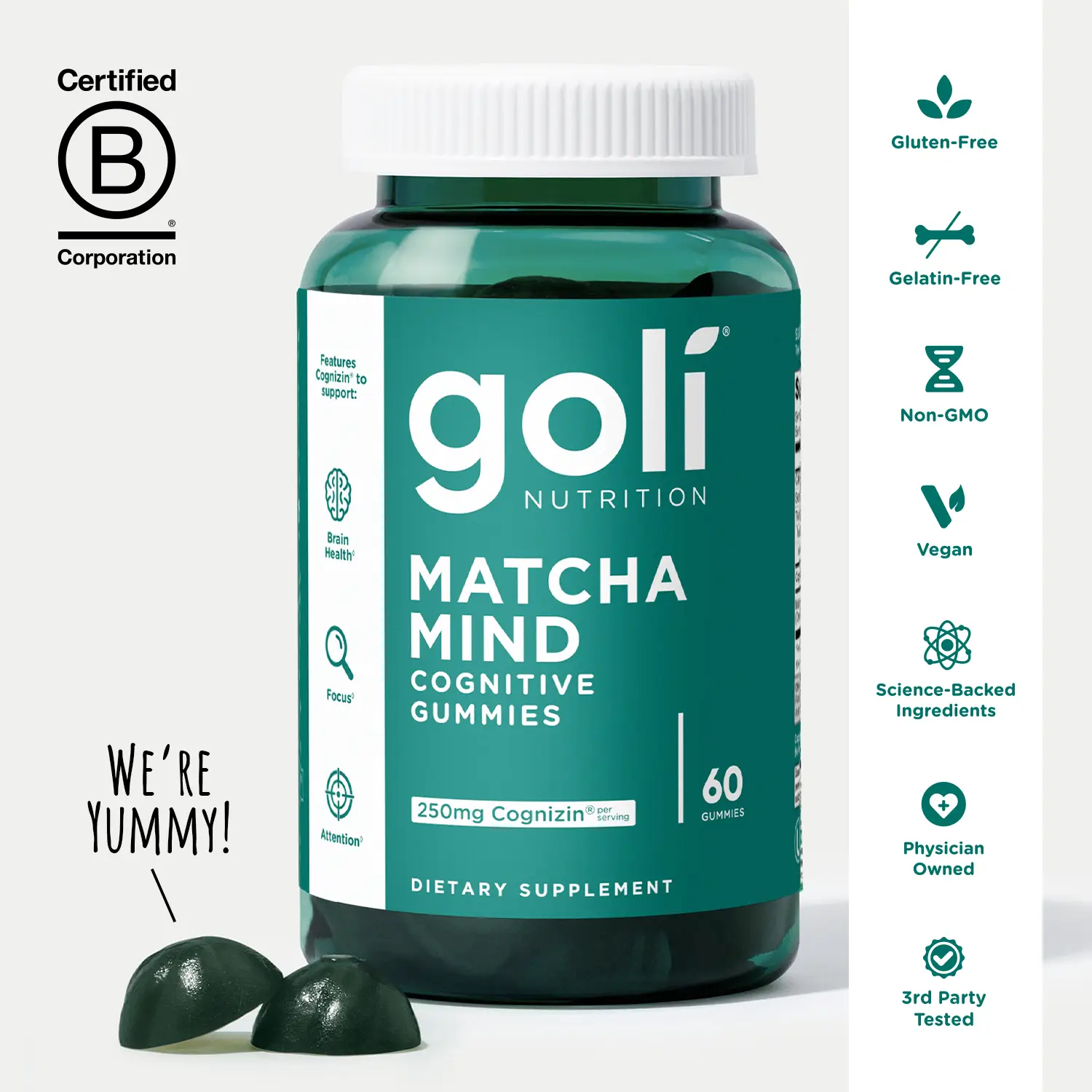Goli Matcha Mind Gummies - Green Tea Leaves Powder with Cognizin for Focus, Attention and Brain Health, Vegan, Non-GMO, Gluten-Free & Gelatin Free