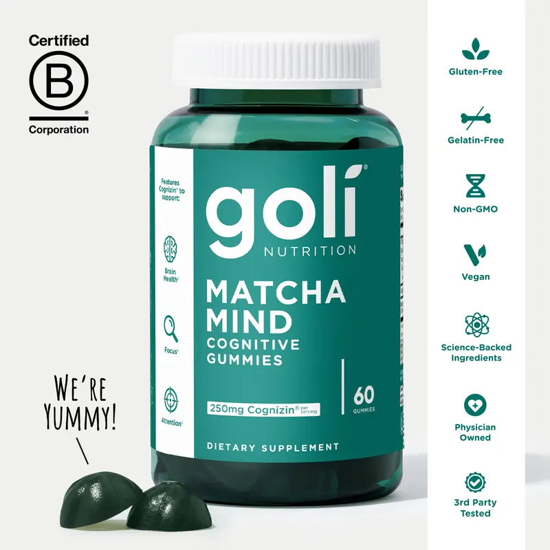 Goli Matcha Mind Gummies - Green Tea Leaves Powder with Cognizin for Focus, Attention and Brain Health, Vegan, Non-GMO, Gluten-Free & Gelatin Free