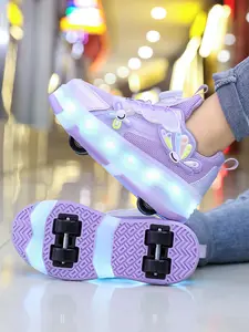 Girls' Four-Wheel Roller Skates, New Wheel Sports Shoes, Adjustable Rotating Buckle, Breathable Mesh, LED Light, USB Charging