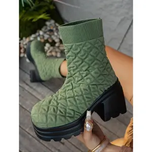 Women's High Heel Chunky Sole Mid-Calf Boots, Fall & Winter Casual Boots, Tall Slimming Design, Textile Material, Rubber Sole