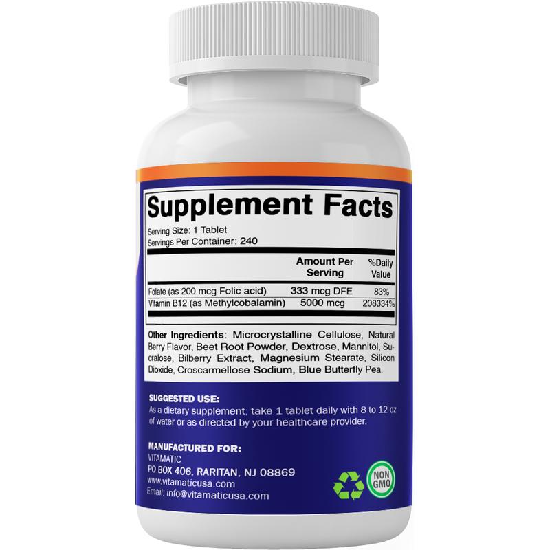 Vitamatic Methyl B12 5000 mcg - Natural Berry Flavor - 240 Fast Dissolve Tablets - Methylcobalamin & Folic Acid for Energy & Nervous System Support - USA Made