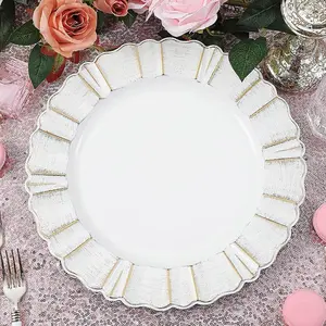 6-Pack Acrylic Plastic Charger Plates 13" Round White with Gold Brushed Wavy Scalloped Rim - Decorative Dinner Party Charger Tableware