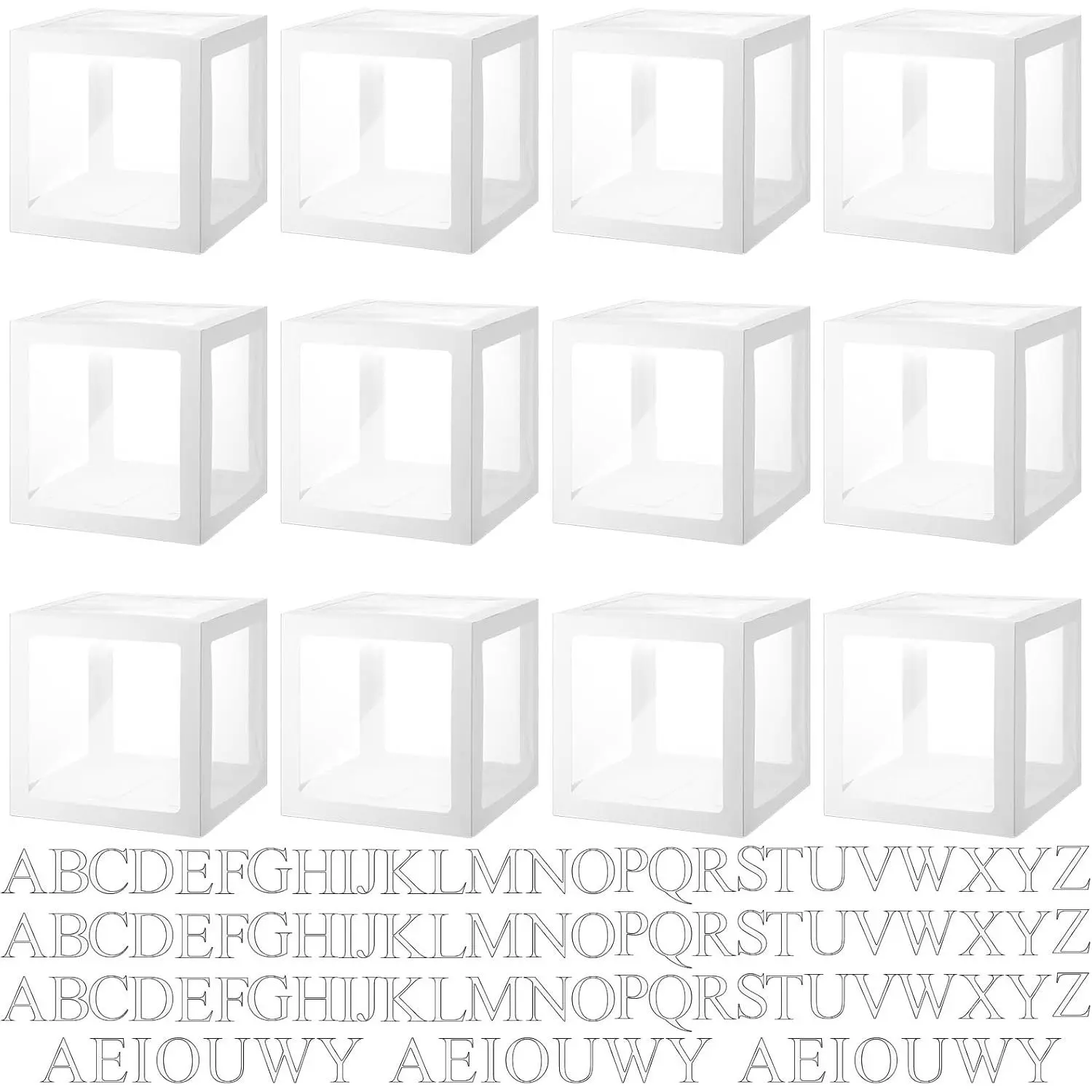 12 count Transparent Balloon Boxes Clear Balloon Boxes with 99 Letters for  Shower  Grad Birthday Party Bridal Wedding Anniversary Backdrop Decoration (White)