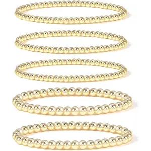 Gold Bead Bracelet for Women 14K Gold Plated Bead Ball Bracelet Stretchable Elastic Hypoallergenic Bohemian Stackable Bracelet
