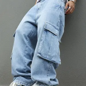 MZNBURAM Men's Y2K Streetwear Baggy Cargo Jeans - Non-Stretch Loose Fit Wide-Leg Baggy Denim Pants Menswear Trouser Streetwear Denim Oversize Casual Outfit