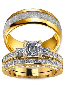Gold Plated Couple Rings – Sparkling Cubic Zirconia Engagement and Wedding Jewelry for Women, Plain Carbon Rings for Men, Romantic Anniversary Gifts