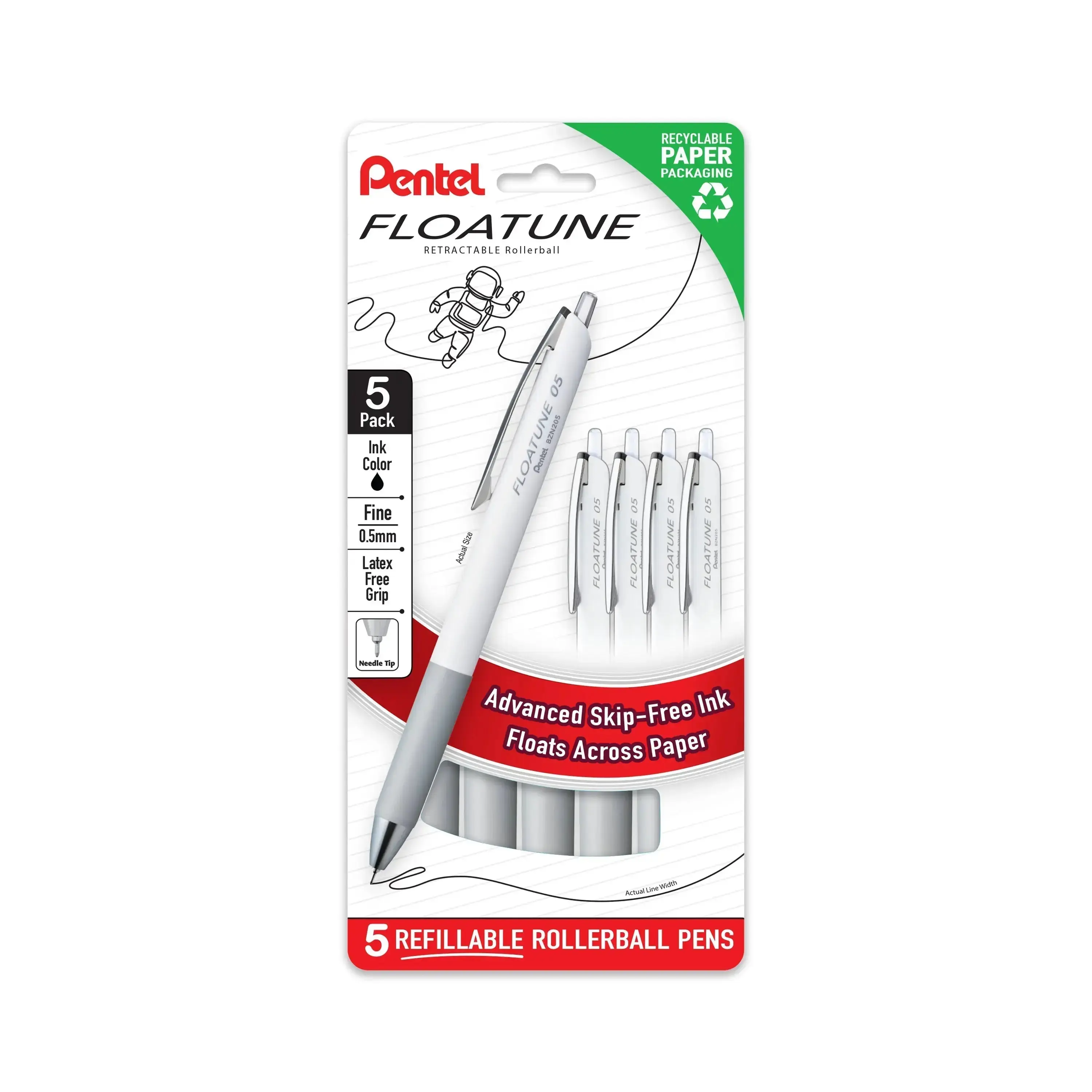 Pentel Floatune Retractable Rollerball Pens, 0.5mm Fine Point, Assorted Ink, 5-Pack - Fine Tip Pens for Office & College Students, Smooth-Writing Office Stationery Writing Tools