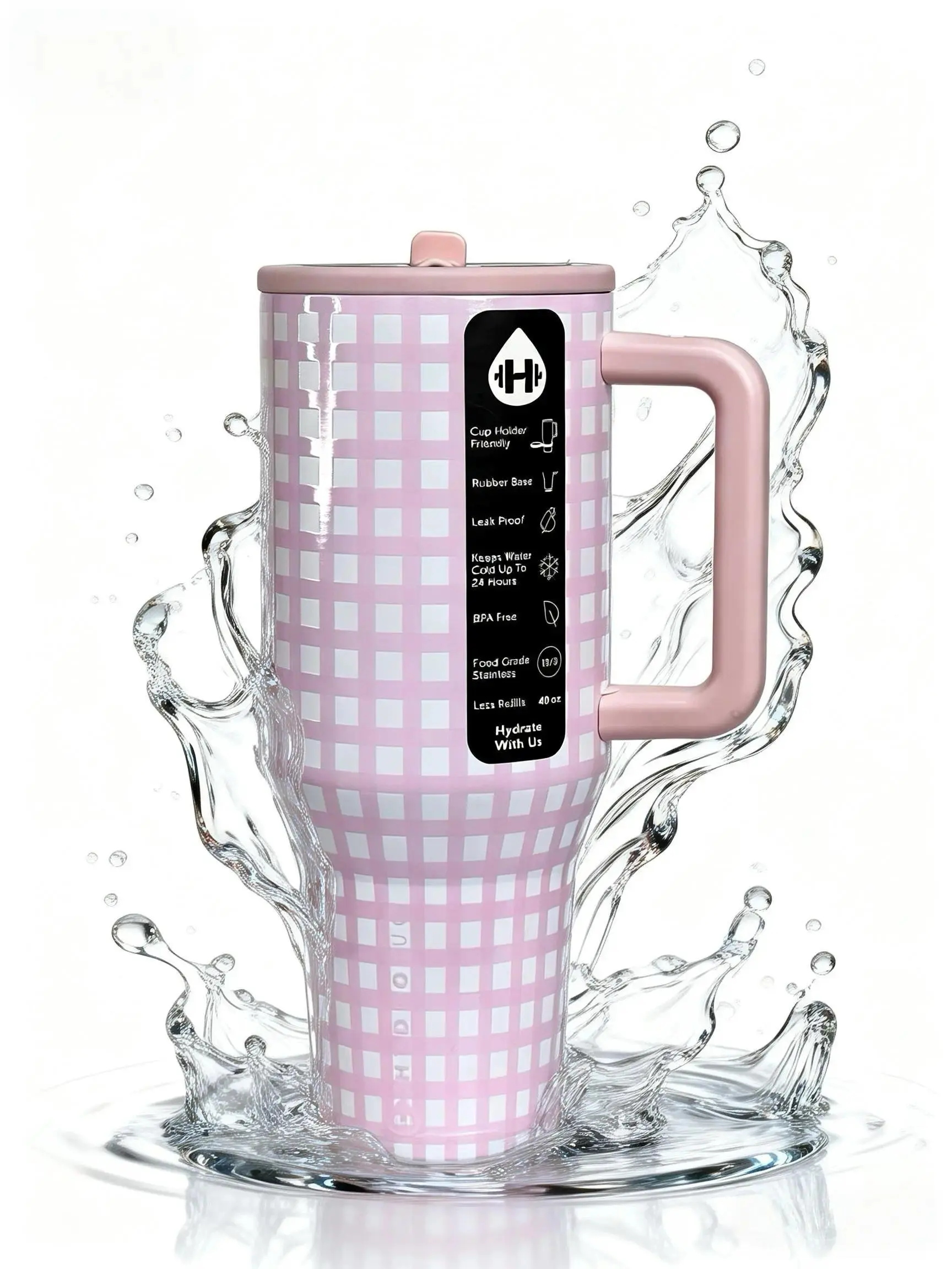 HydroJug Traveler 40oz Pink Plaid Bottle With Flip-Top Straw Design, Leak-Proof Seal Stainless Steel Insulated Sports Water Tumbler For Men Women, Portable Hydration Companion, 24 Hours Cold Retention, BPA Free