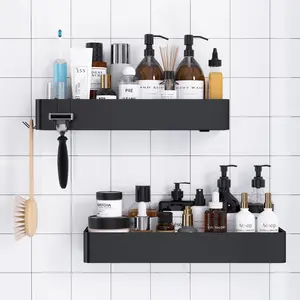 Adhesive Shower Caddy No Drill Bathroom Storage Organizer Rustproof Metal Shower Shelf Large Black for Easy Organization