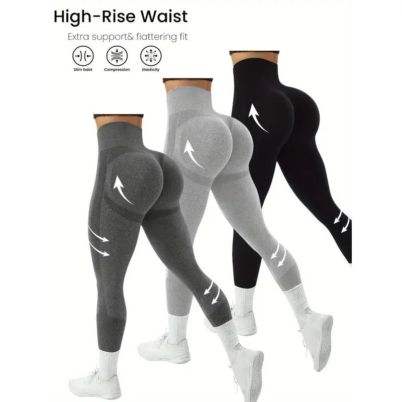 3-Pack High-Waist Compression Sports Leggings for Women with Side Stripe Detail, Polyamide & Elastane, Solid Color, High Stretch, Skinny Fit, Cropped Length - Elastic Waist Yoga Pants for Adults(Sports & Outdoor) (Party Gifts)12