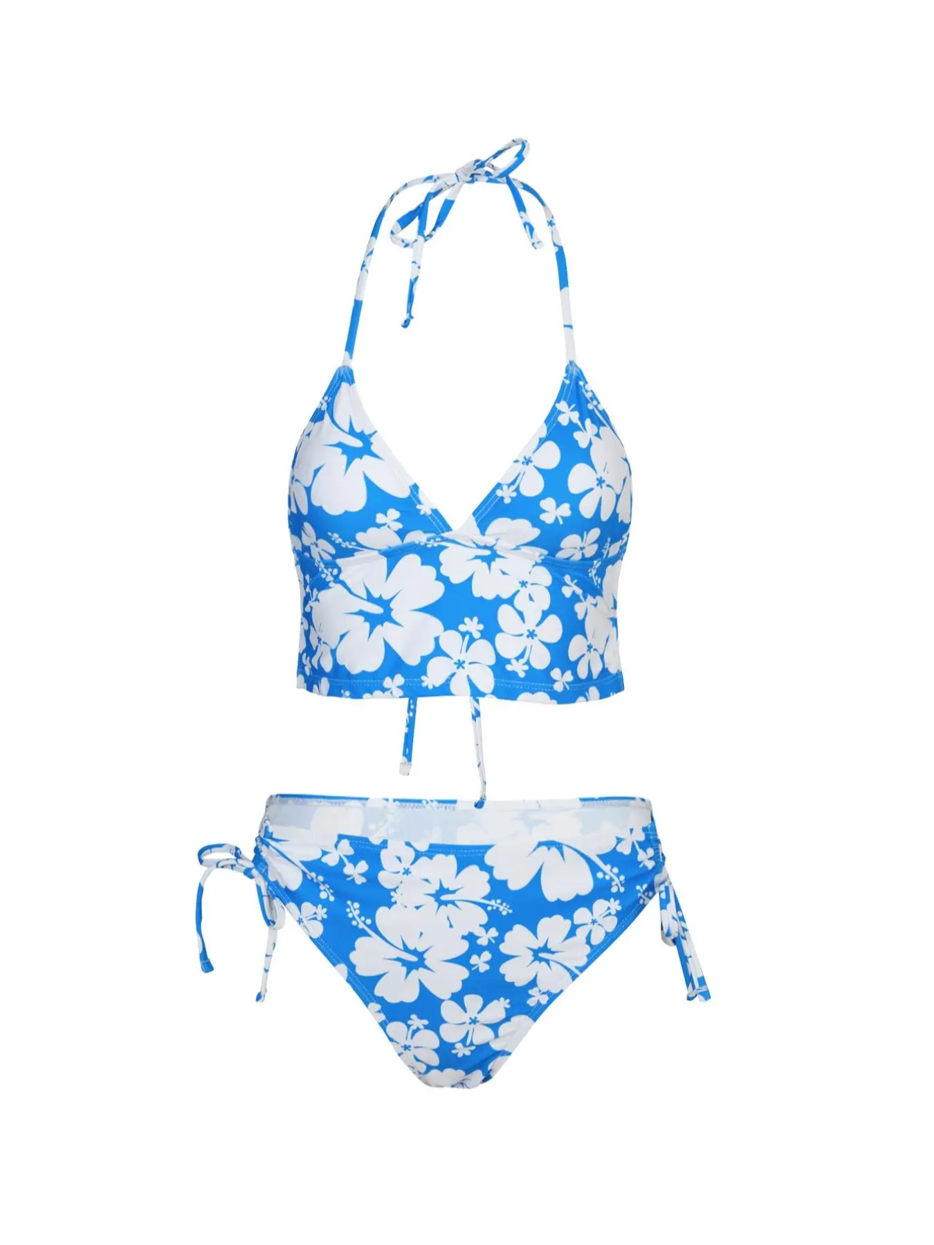 Two-Piece Set Women's Floral Print Tie Back Bikinis Set, Halter Wireless Swim Top & Drawstring Tie Side Swim Bottom, Two-piece Swimsuit for Summer Bea