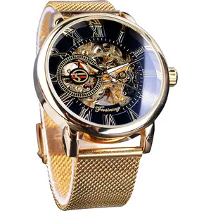 FORSINING Men'S Skeleton Watch Steampunk Watch Black Mechanical Watch for Men Minimalist Retro Design Mechanical Skeleton Wrist Watch Transparent