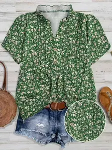 Women's Floral Short Sleeve Striped Front Piece Casual Vacation Shirt Blouse, Comfortable and Stylish Design, Perfect for Relaxing Days, Womenswear