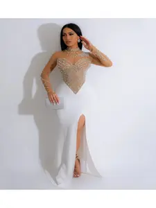 Women's Rhinestone Decor Contrast Mesh Split Thigh Bodycon Dress, Elegant Long Sleeve Stand Collar Evening Party Gown, Ladies Clothes for All Seasons