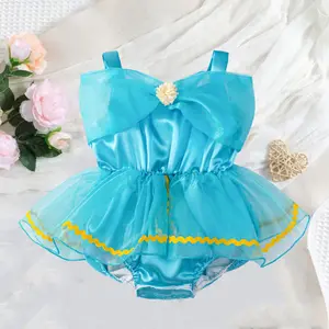 02 Girl Spring/Summer Floral Sleeveless Spaghetti Strap Triangle Bodysuit Crawling Clothes Girl Light Blue Mesh Dress Photography Outfit For Girls