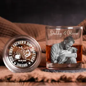 Custom Photo Laser Engraved Whiskey Glass for Dad, Personalized Father's Day Gift, Bourbon Glass Gift for Him, First Father's Day Present