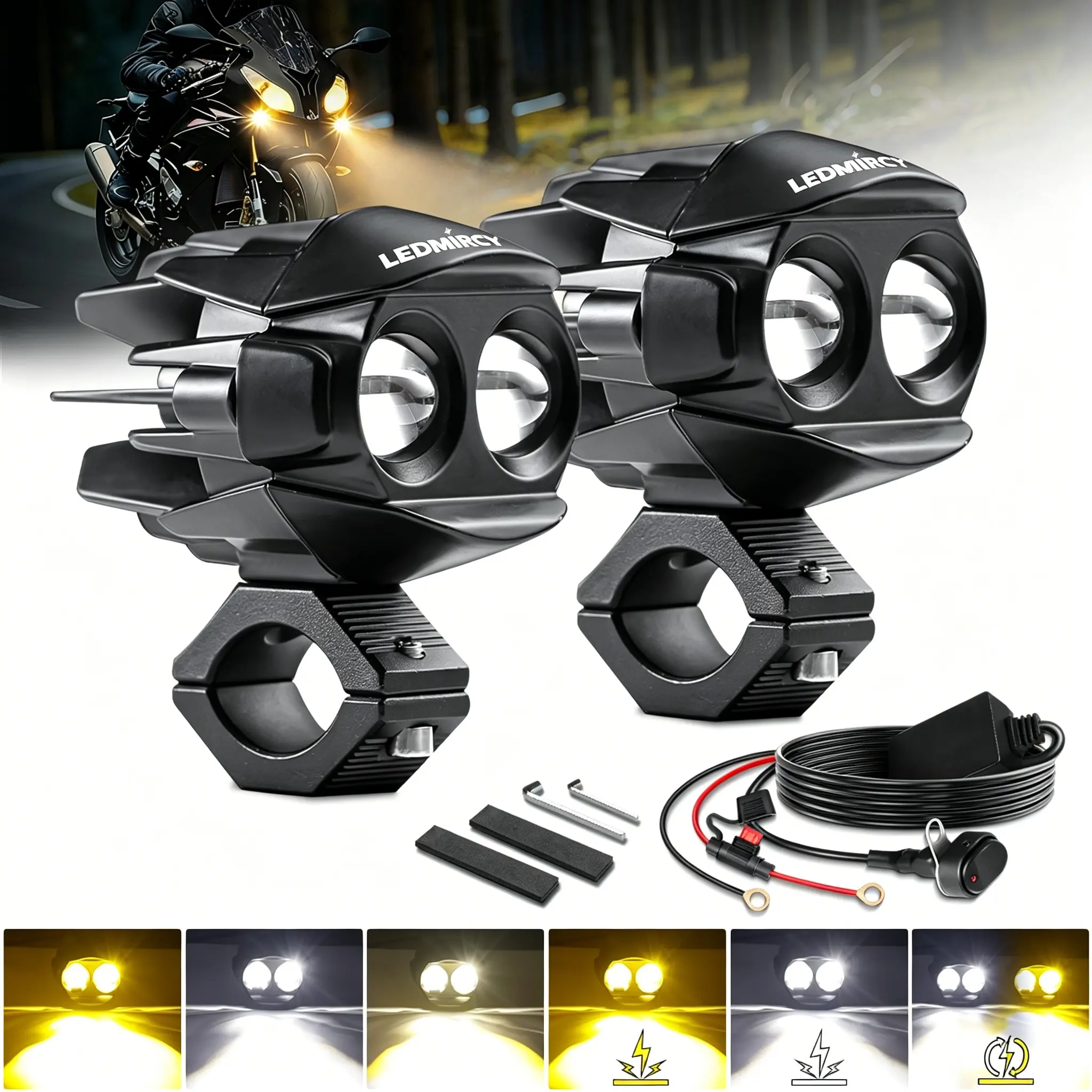 LEDMIRCY 6-Mode Motorcycle Auxiliary Lights Kit – Single Switch, White/Amber Dual Color, Plug & Play Waterproof Fog Light  Fit For Motorcycle SUV ATV Boat – 2Pcs