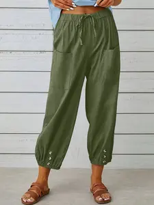 Women's High Waist Drawstring Wide Leg Pants, Spring Summer Loose Fit Cotton Linen Trousers, Button Front Nine-Point Casual Women's Clothing