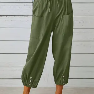 Women's high waisted drawstring wide leg pants, spring and summer loose cotton and linen pants, buttoned front nine point casual women's clothing