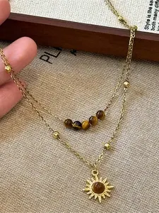 Vintage Sunflower Tiger Eye Stone Pendant Necklace, Exquisite Chain Jewelry, Double Layer Design, Casual Style, Women's Daily Wear, Party Jewelry, Fashion Jewelry Party, Dainty Layering Jewelry