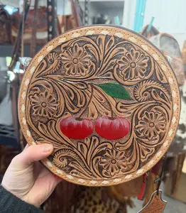 Genuine hand painted & tooled leather MEDIUM sized canteen bag with double zipper and crossbody strap