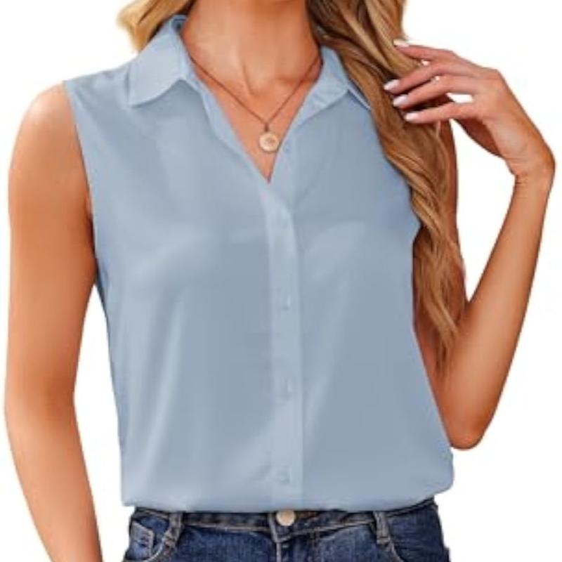 YAMANMAN Sleeveless Button Down Shirts for Women Satin Blouse Basic Work Collared Tank Tops Elegant Summer Office Classic Casual Shirt shirtsclothing