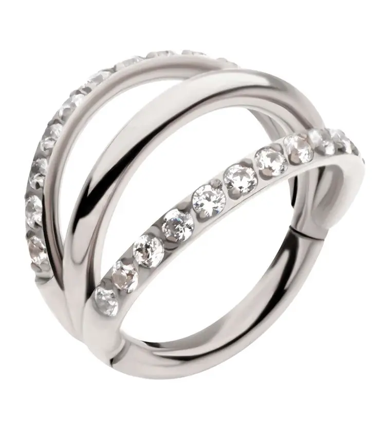 Titanium Hinged Segment Ring with 3-Side Bar, 2 Cubic Zirconia Rows, Stacking Rings for Fashion Costume Jewelry Accessories