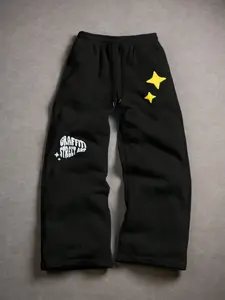 1 Pair Black Joggers with Graffiti Street Art & Star Graphic Print, Drawstring Waist, Streetwear Style, For Dance, Skate, and Casual Daily Wear, Casual Sports Trousers