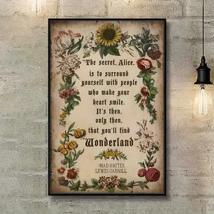 Alice in Wonderland Inspirational Quote Wall Art - Fabric Poster with Glitter Detail, Classic Style, Reusable 'The Secret, Alice' Mad Hatter Canvas Print for Home Decor - 1pc Frameless Artwork