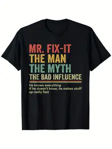 Gift For Dad Nickname Of Dad Tee MR. FIX-IT Dad T-Shirt Small Black Suitable for unisex personality casual round neck outdoor short-sleeved t-shirt slightly elastic 100% cotton S-XXXL