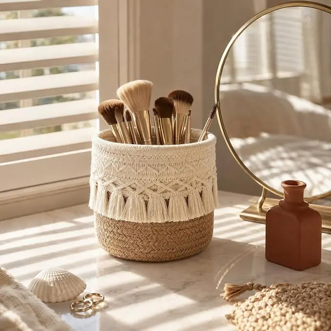 Macrame Makeup Brush Holder Organizer - Multi-Functional Home Organizer for Desk Pen Pencil Storage, Eyeglasses Display (Home Supplies)