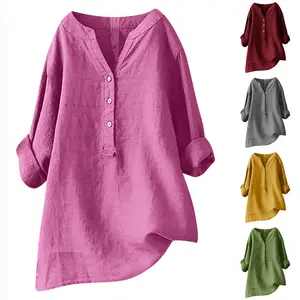 Loose-fitting solid color shirt, cotton-linen top with pockets, women's clothing