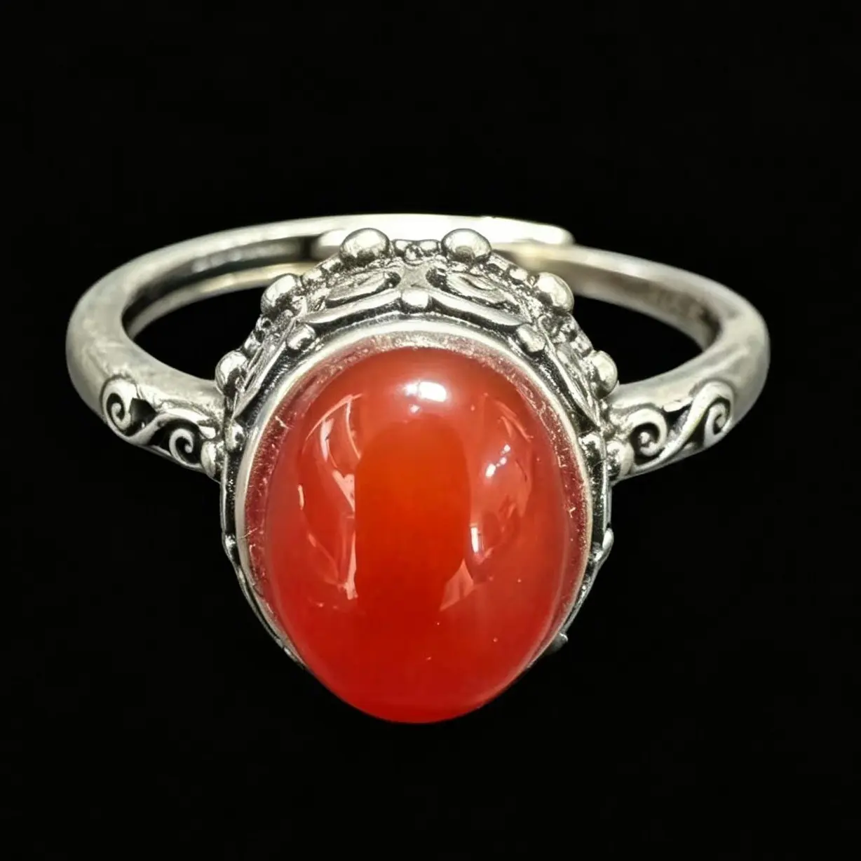 Unisex Vintage Beaded Scroll 925 Sterling Silver Oval Carnelian Adjustable Ring, Bohemian Natural Crystal Ring for Casual Wear, Adjustable Rings, Bohemian Natural Crystal Rings