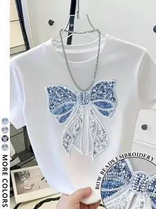 Women's Embroidered Bowknot Round Neck T-Shirt, Loose Short Sleeve, Soft Knitwear, Casual All Seasons, Street Style, Geometric Pattern