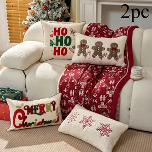 2 Piece Pillow Covers, 30x50cm & 45x45cm, Soft Polyester, Embroidered Gingerbread Man Christmas Tree, Living Room Bedroom Decor, No Core Included