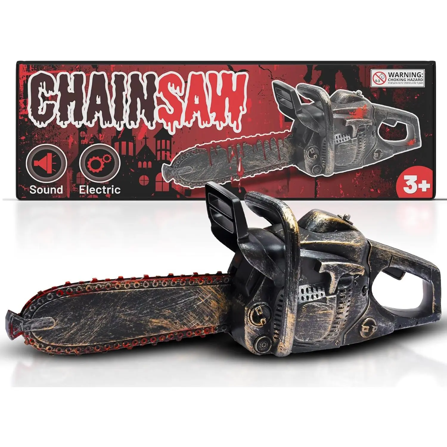 16in Battery-Operated Plastic Electric Chainsaw - Spooky, Lightweight, Bloody Rusty, Motion & Sound Effects, Halloween Cosplay Prop Decor & Role Play Accessory