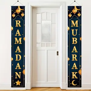 2D Flat Banner Party Banners, 2-Piece Set Islamic Ramadan Door Decorations, Blue Moon Star Pattern, Arabic/english Calligraphy, Party Decoration Supplies
