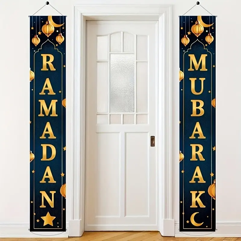 2D Flat Banner Party Banners, 2-Piece Set Islamic Ramadan Door Decorations, Blue Moon Star Pattern, Arabic/english Calligraphy, Party Decoration Supplies