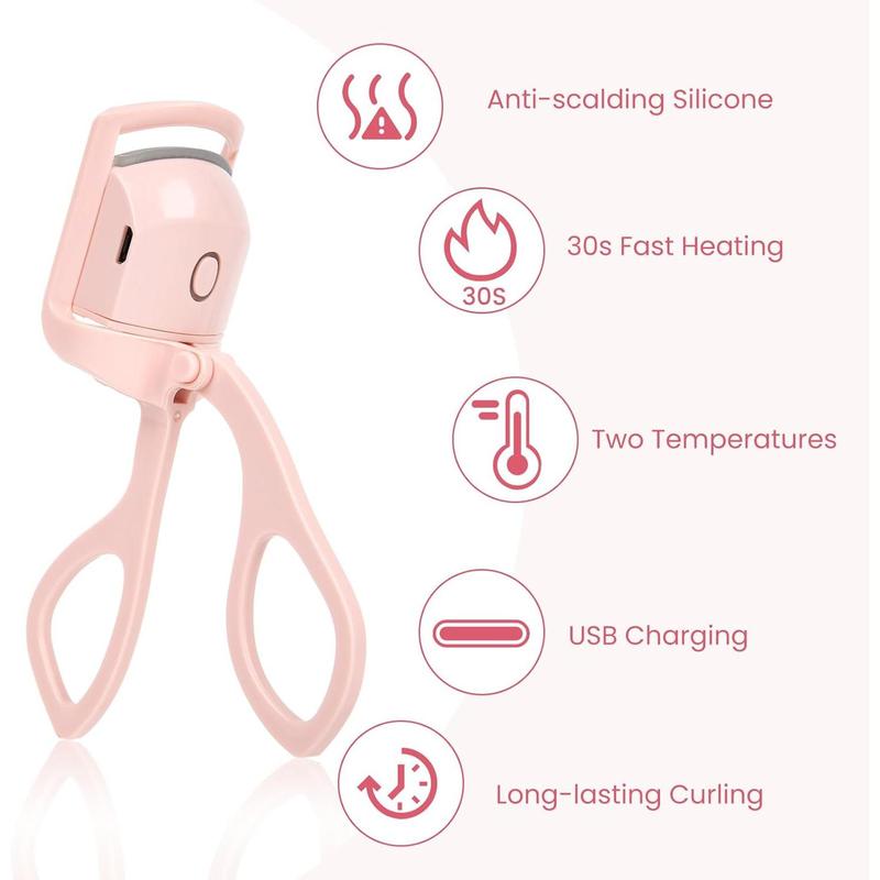 Electric Heated Eyelash Curler for Women USB Rechargeable Quick Heat-Up Multi-Temp Settings 24H Natural Curl Anti-Scald Silicone Portable Makeup Tool Pink Beauty Cosmetics