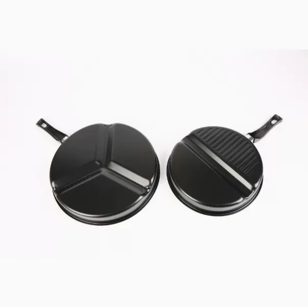 Multi-section non-stick skillet with separate cooking zones, this practical black cookware saves kitchen space and makes breakfast meal prep faster and more convenient.