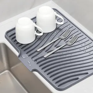 Silicone Dish Drying Mat, Stone Drying Mat for Kitchen Counter with Built-In Drain, Non-Slip Drain Pad with Built-in Drain, Heat Resistant Stone Drying Mat, Hangable, Grey-1pcs, 16" x 12"